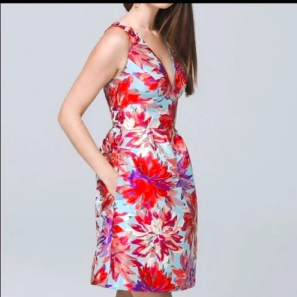 Nicole Miller Deep V Neck Jacquard Cocktail Dress - Picture 2 of 10